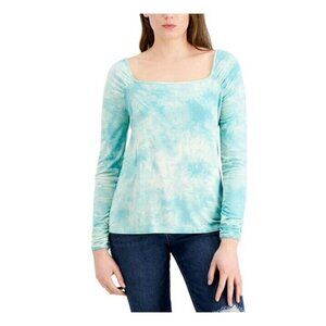 Fever Womens XS Aqua Ribbed Tie Dye Long Sleeve Square Neck Top NWT BR32